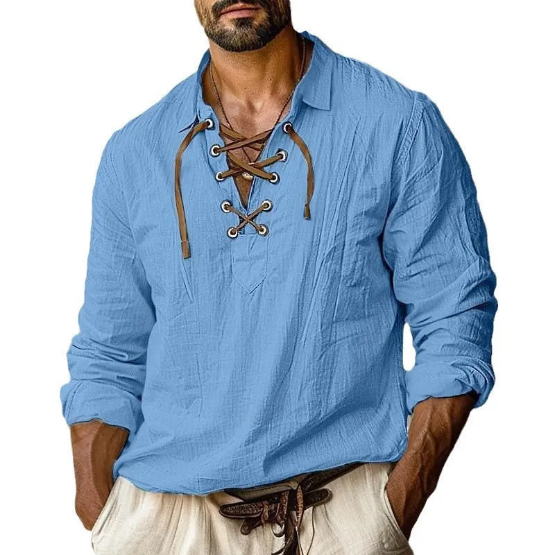 Men's plus size loose linen shirt with lapels and lace detailing on long sleeves.