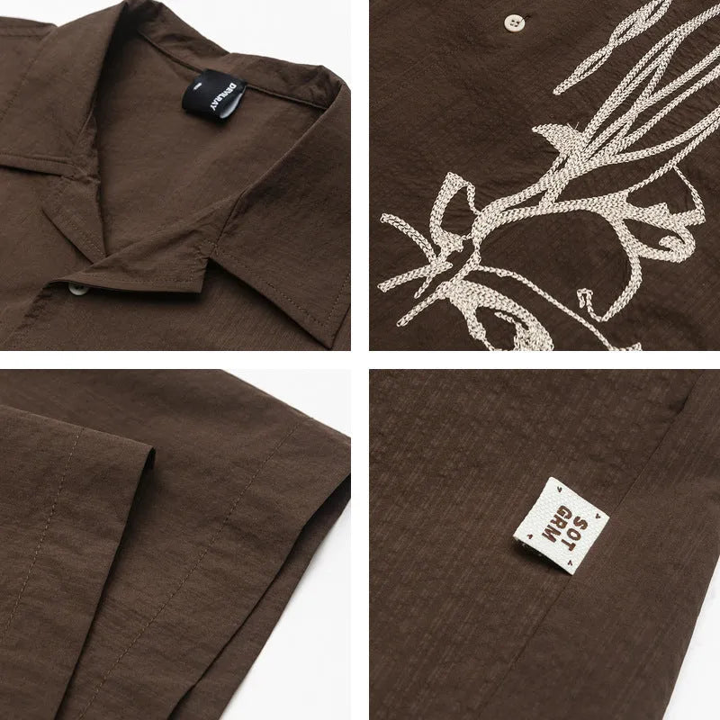 Brown striped waterproof outdoor shirt with Cuban collar and short sleeves for mountain camping