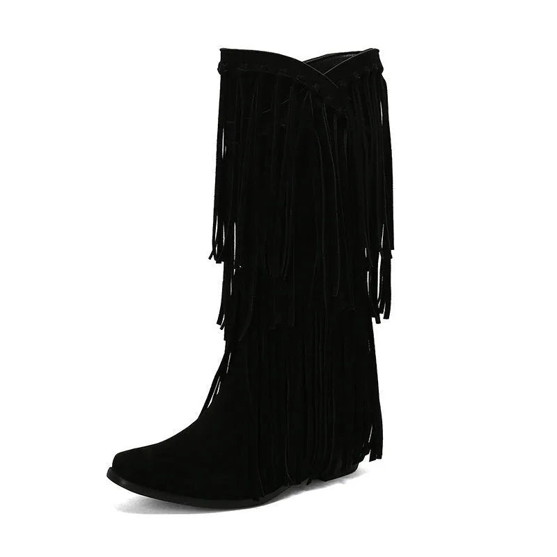 Women's beige suede knee-high boots with tassel, chunky heel, and square toe on a waterproof platform.