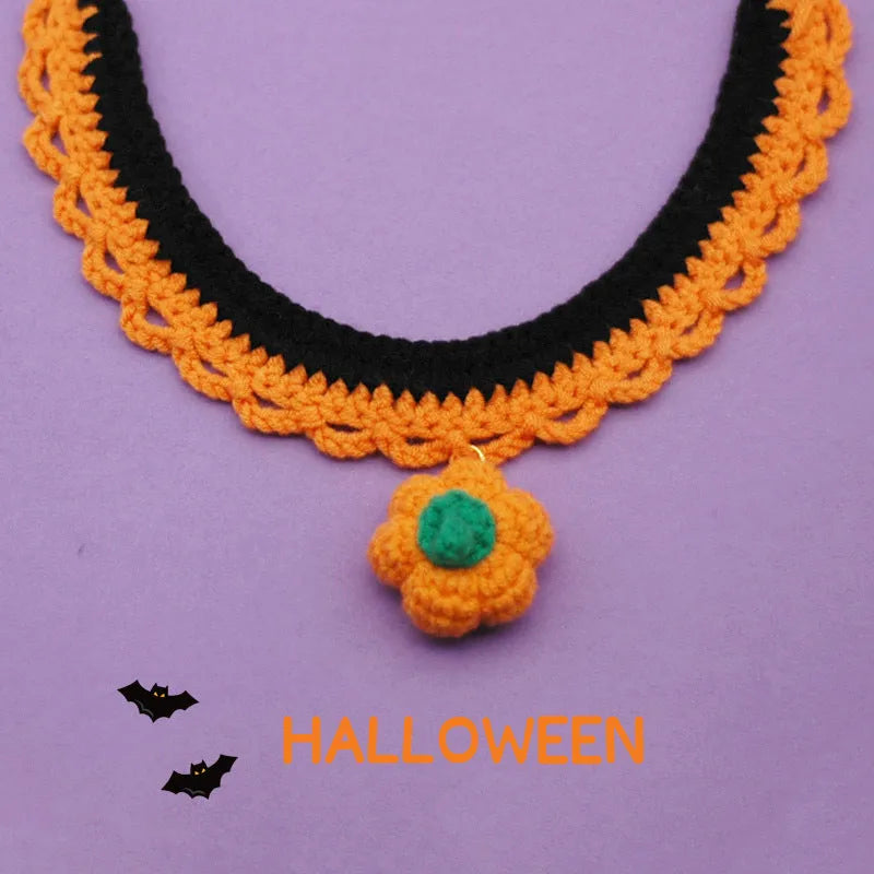 Hand crocheted Halloween pet collar in wool with adjustable sizing for dogs and cats