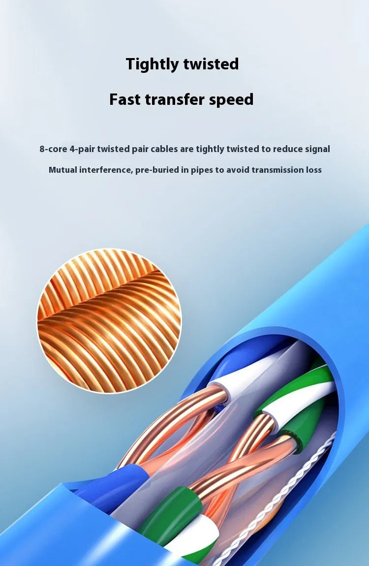 A box of blue 305-metre long Cat6/Cat6a oxygen-free copper network cable on a reel.