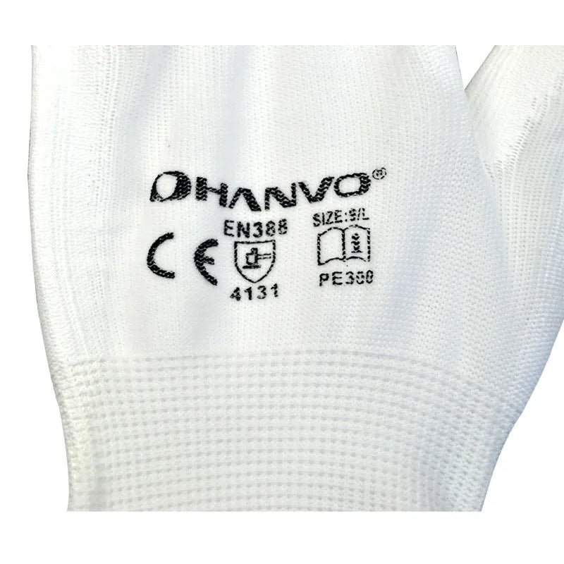 White PU coated cotton work gloves showing palm surface and wrist area
