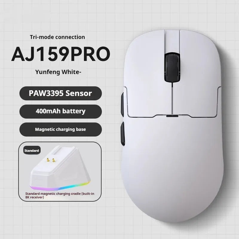 AJ159 gaming mouse in yunfeng white on a desk, showing compact size and Teflon foot pads