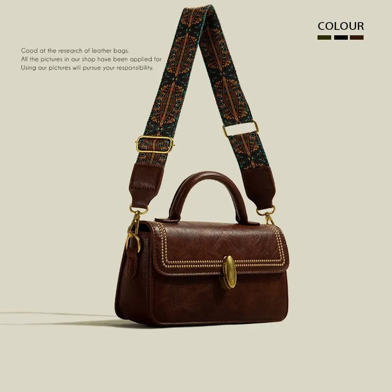 Women's brown PU leather messenger bag with sandwich pocket and shoulder strap