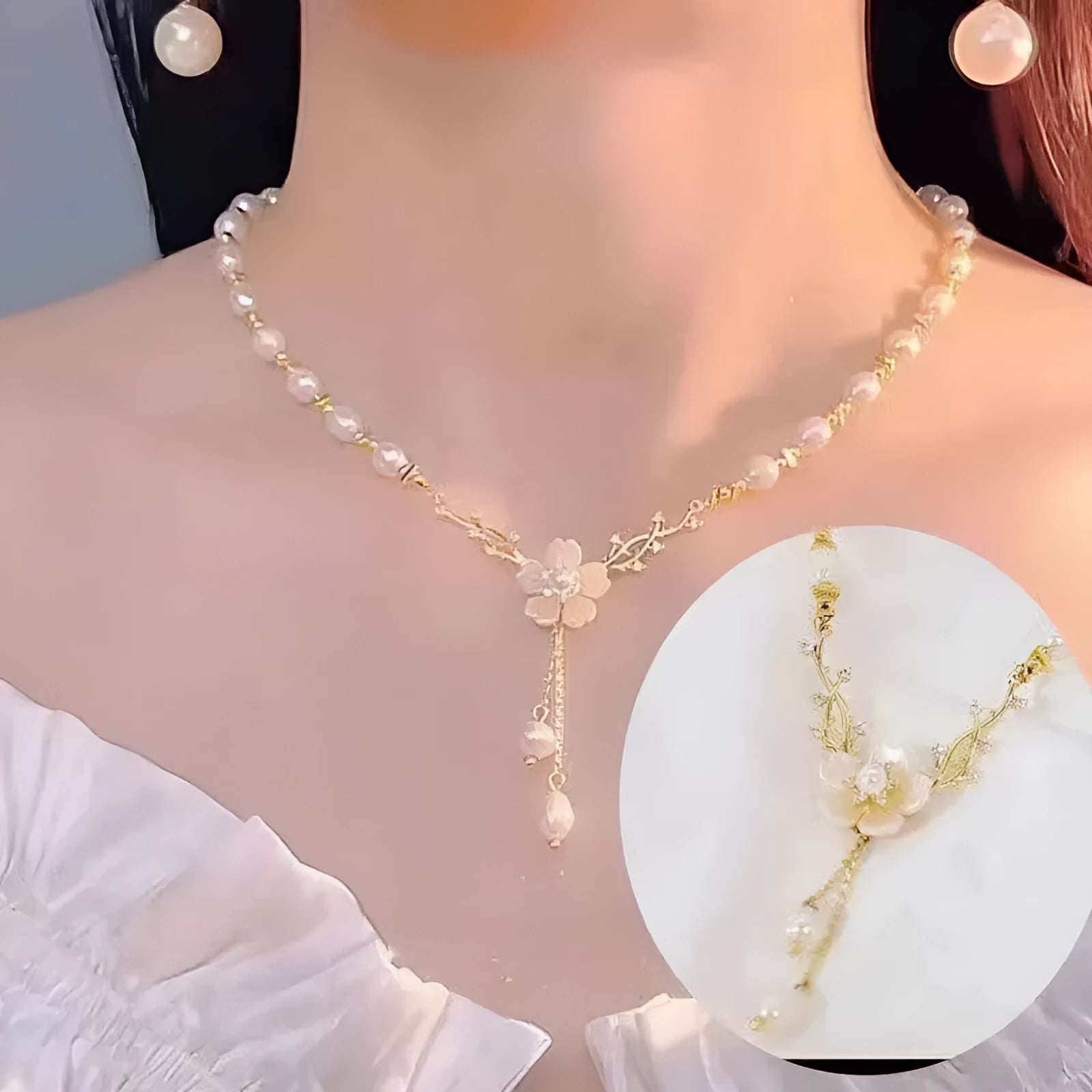 Alloy necklace with pearl flower colour and rose flower design elements on chain