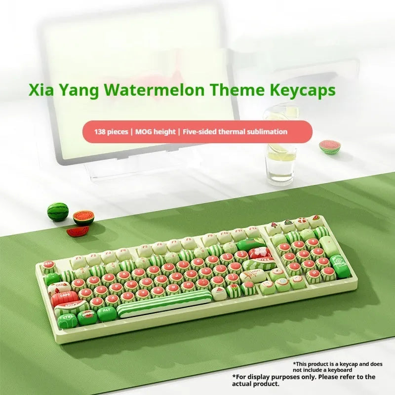 Xia Yang Watermelon themed blue PBT keycaps with five-sided sublimation artwork for mechanical keyboards.