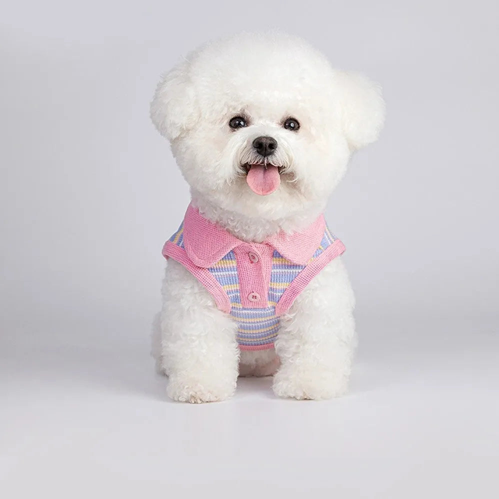 Pink purple vest for small dogs and cats with size chart showing seven weight ranges