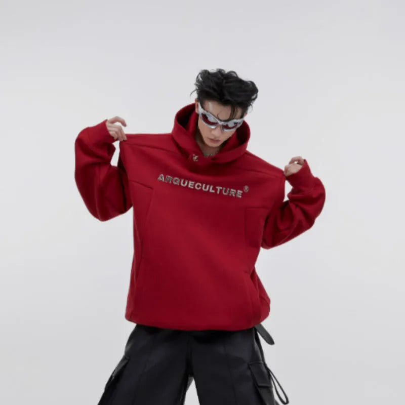 Men's red hooded sweater with three-dimensional printing design and structured shoulder pads in loose fit