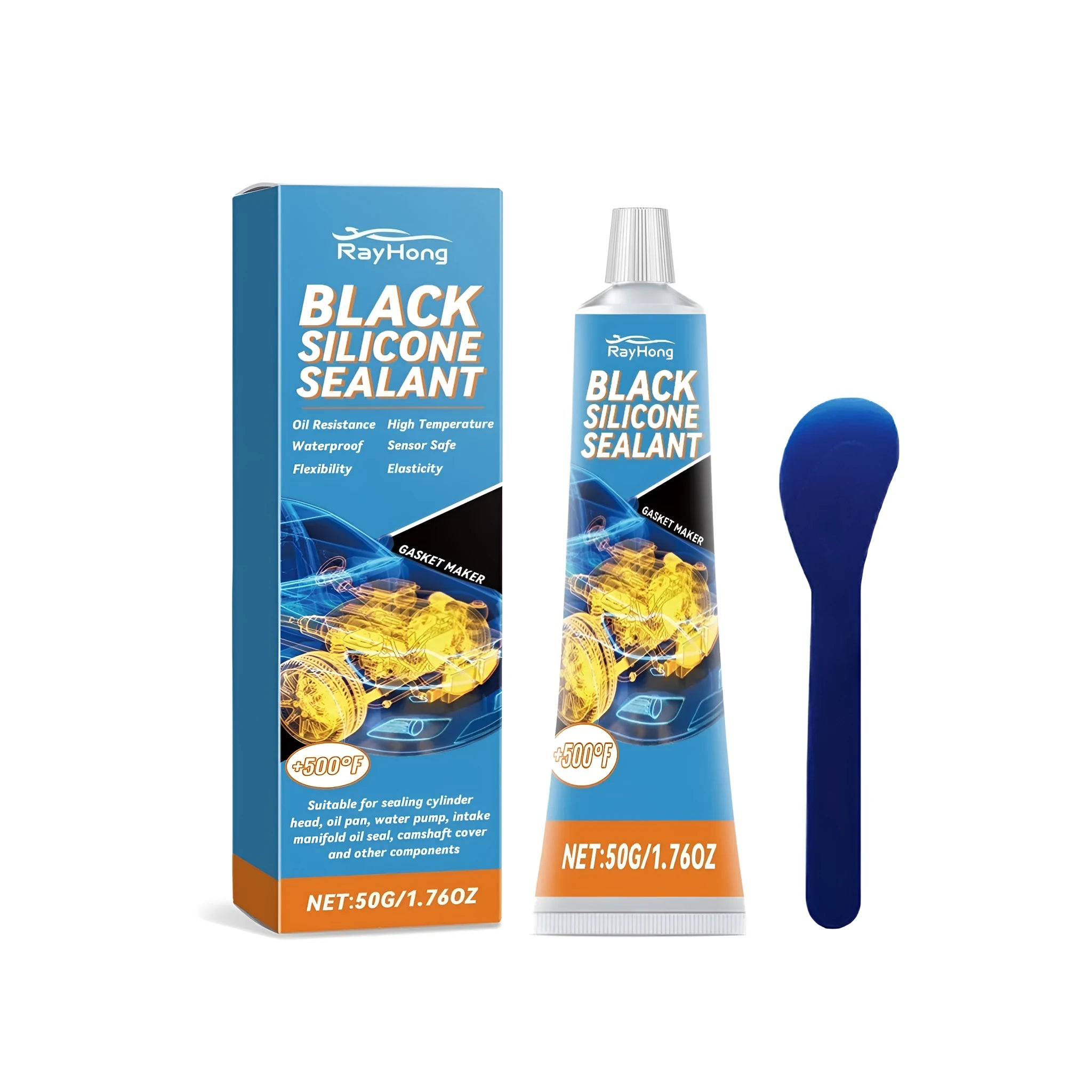 Engine parts sealant tube and scraper tool on a workbench for gasket sealing