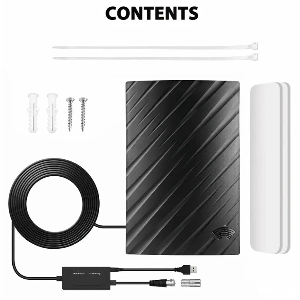 Black plastic digital TV antenna measuring 18cm with mounting accessories including expansion tubes and screws