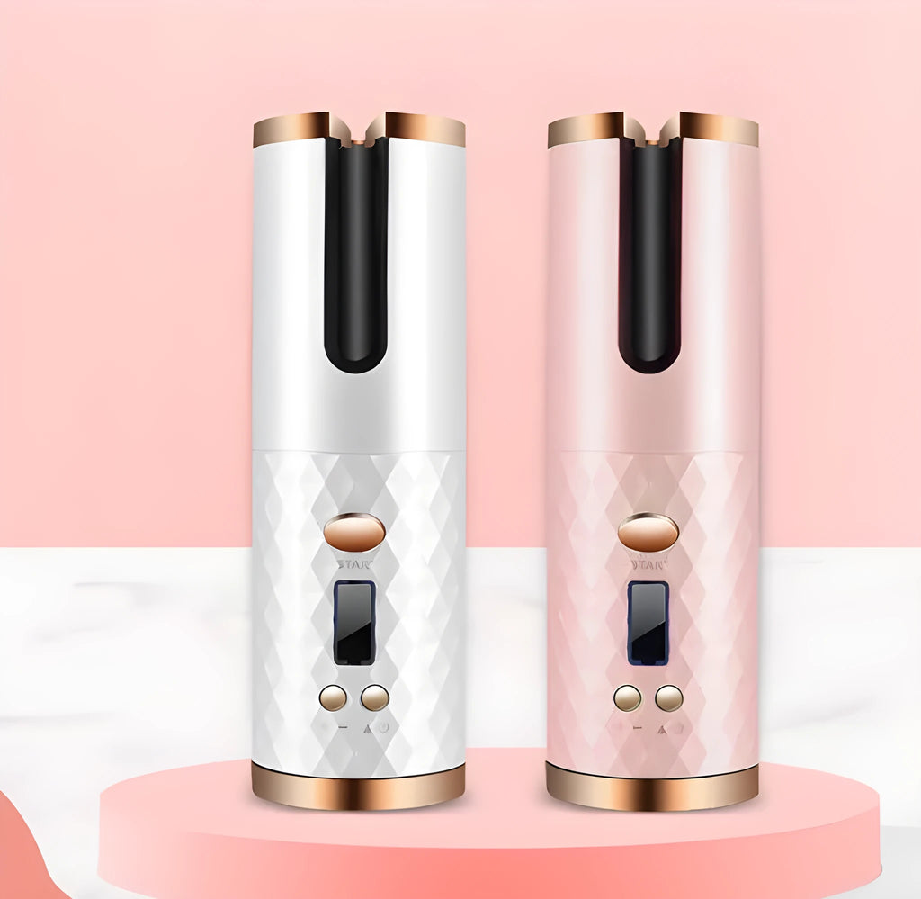 Portable mini curling iron with USB charging port and ceramic barrel on white background