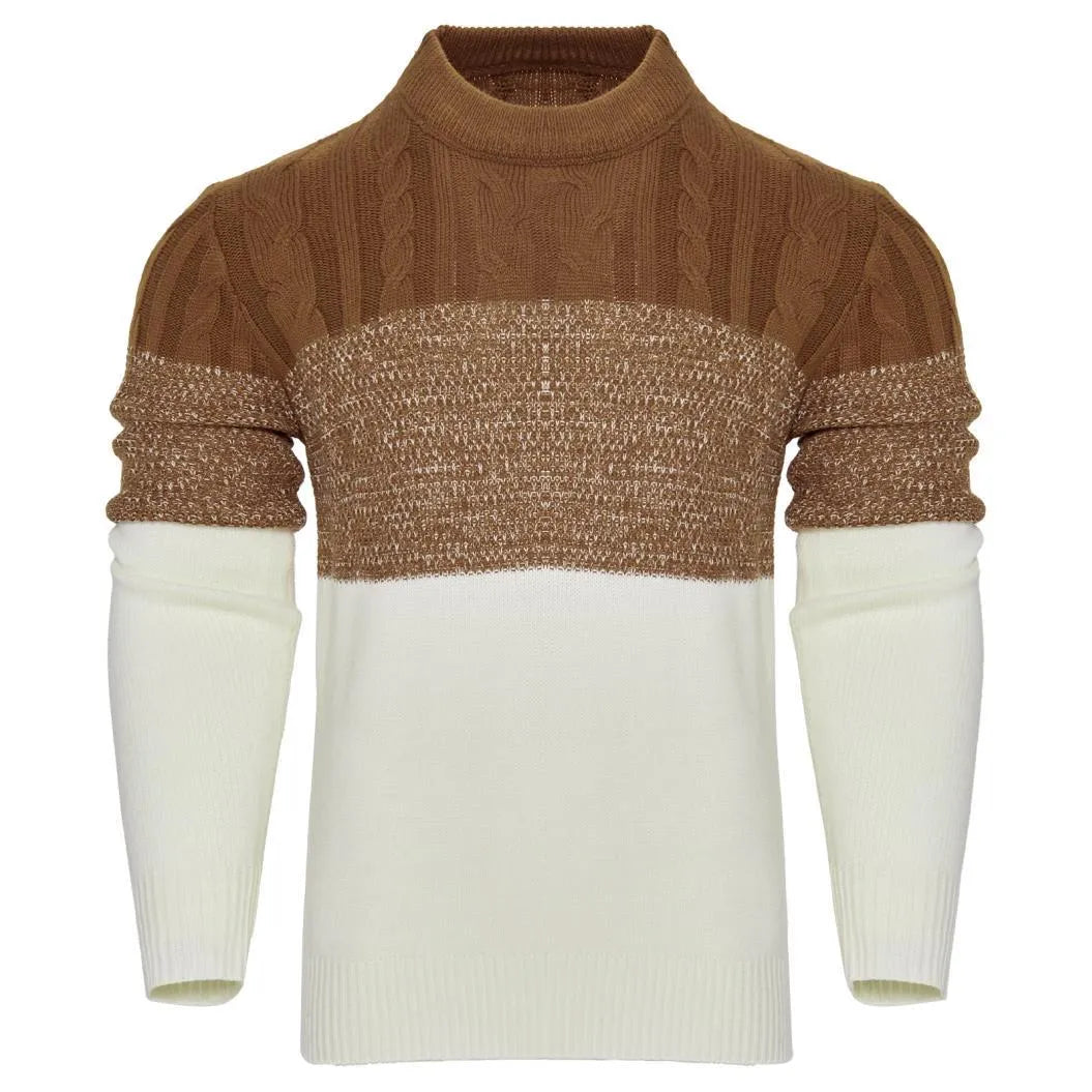 Men's grey knitted crew neck pullover sweater on a hanger.