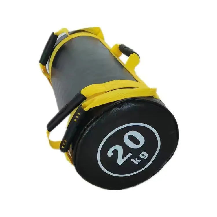 White PVC fitness training sandbag for weight lifting in various kg options.