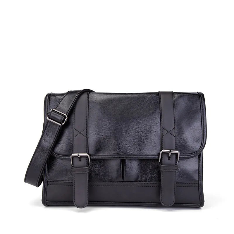 Black Korean style men's anti-theft backpack made from PU leather with visible sewing thread detailing.