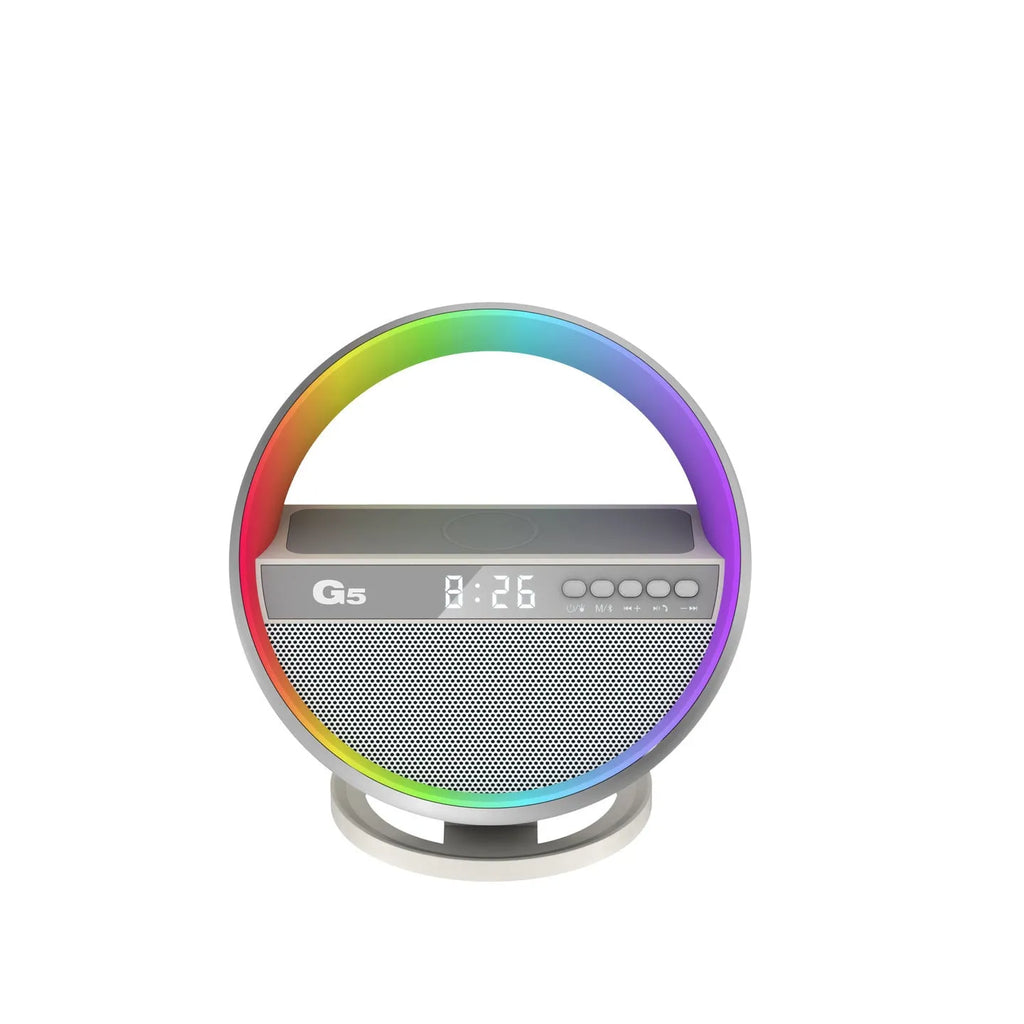 2024 multifunction RGB night light wireless charger Bluetooth speaker in white, 95x95x126mm