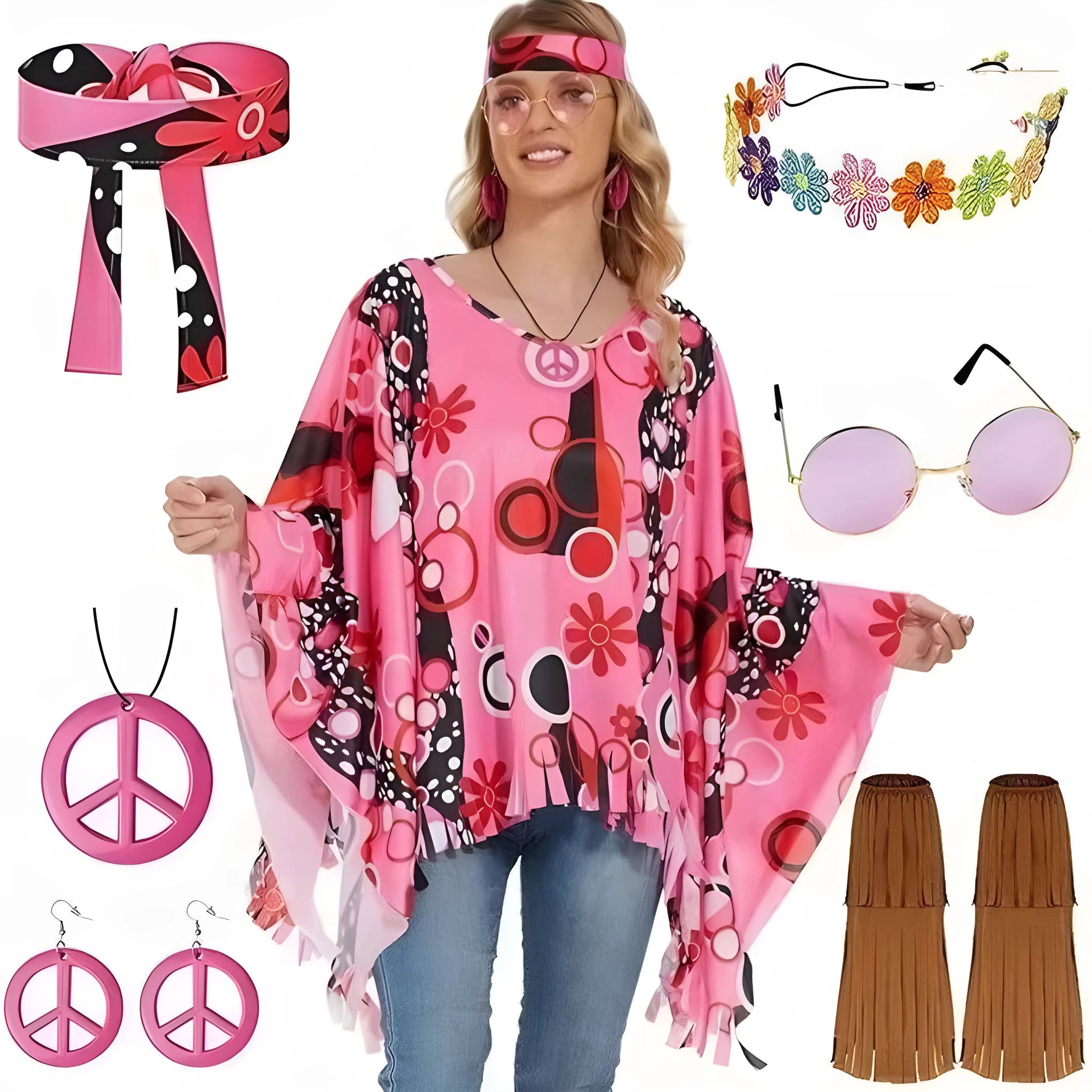 Colourful tie dye printed sleeveless cloak costume for Halloween, shown in rainbow colours.