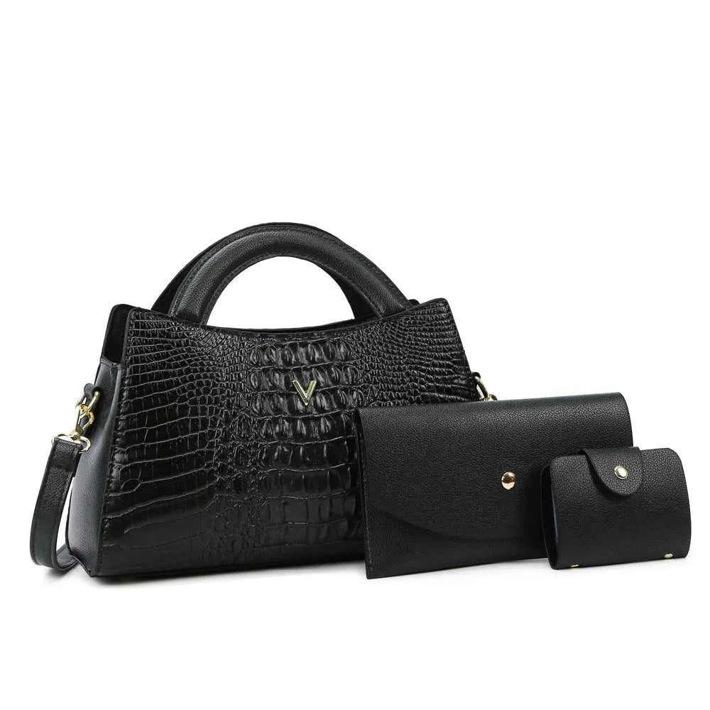 Square vertical women's crossbody handbag in crocodile-print PU leather, showing internal organiser pockets.