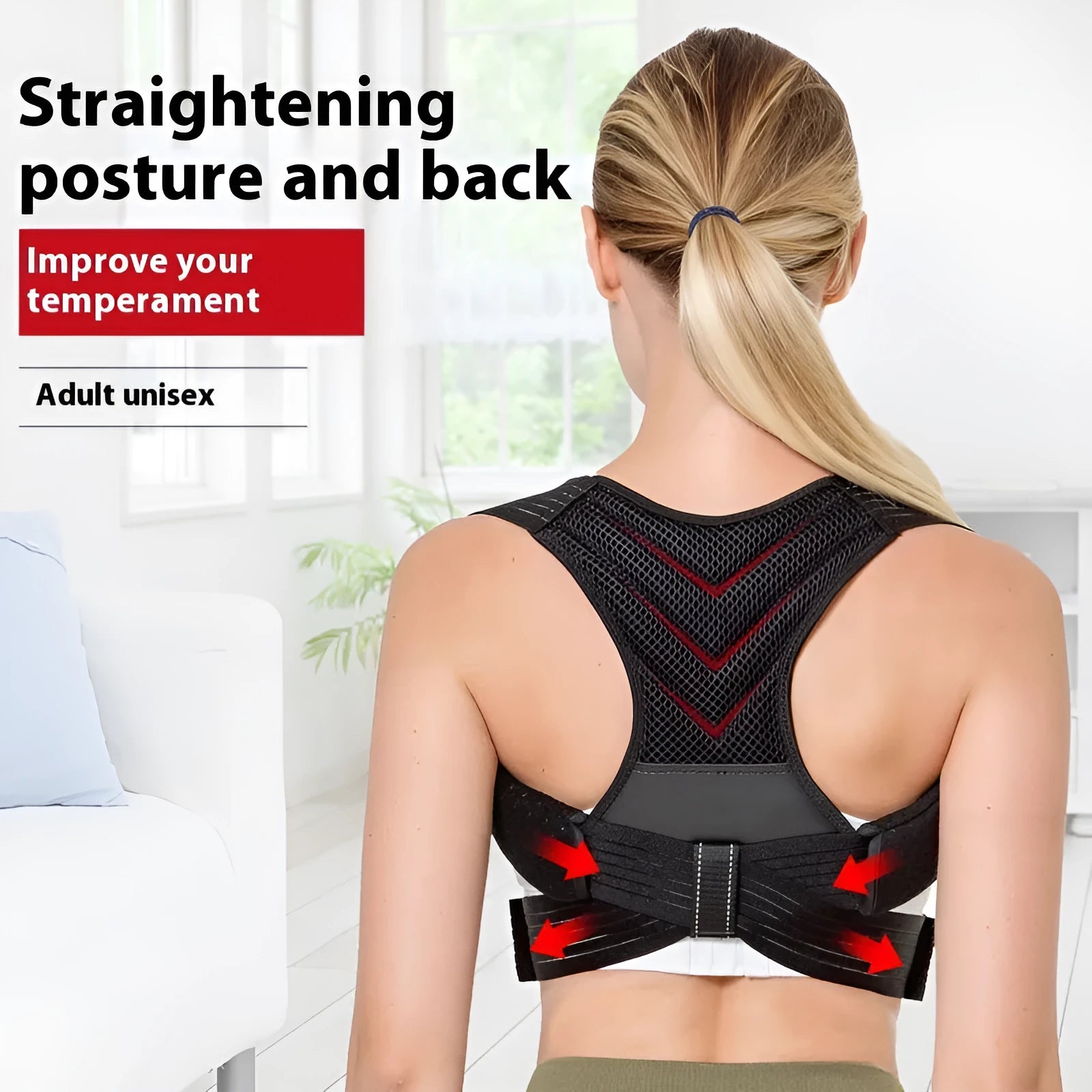 Black posture correction belt with open shoulder design shown on model