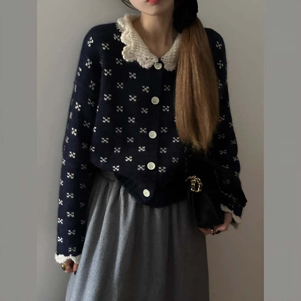 Retro Peter Pan collar floral patterned knitted cardigan coat in navy blue colour