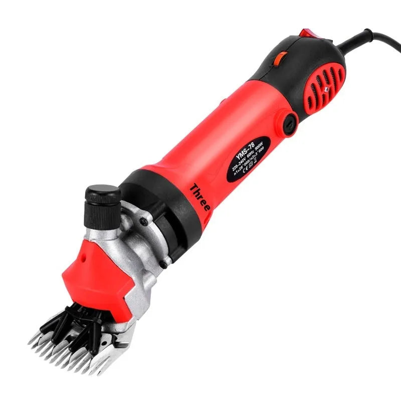 Yellow electric wool shearing machine with 110V plug and multiple blade sets in storage case