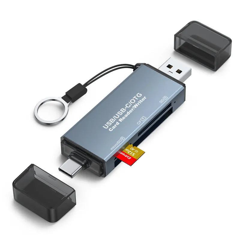 Aluminum alloy CF SD TF three-in-one card reader showing compact design with multiple card slots