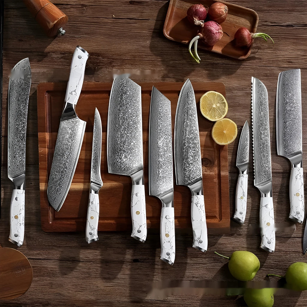Damascus style combined chef's knife with VG10 steel blade, 21cm blade length on a wooden surface.
