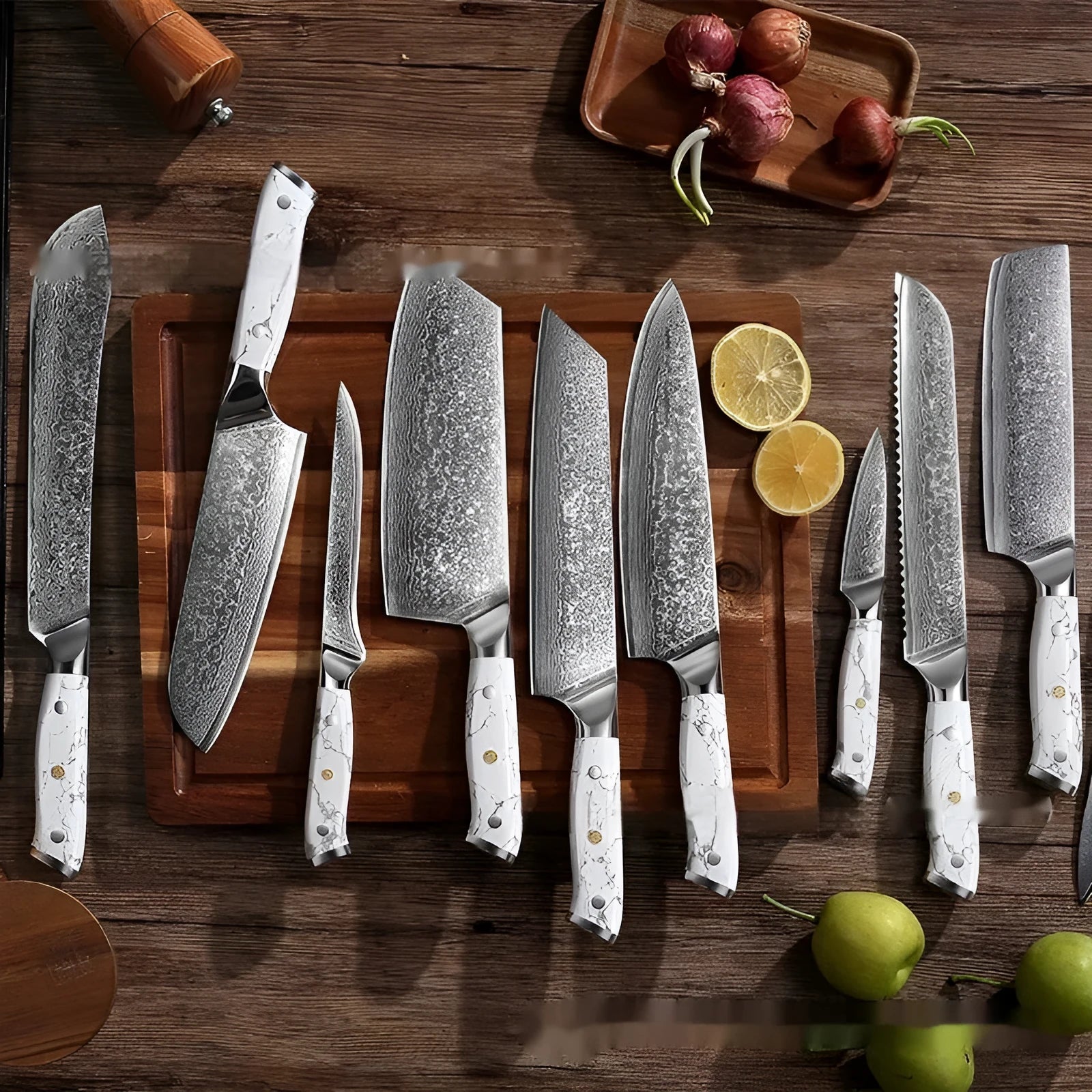 Damascus style combined chef's knife with VG10 steel blade, 21cm blade length on a wooden surface.