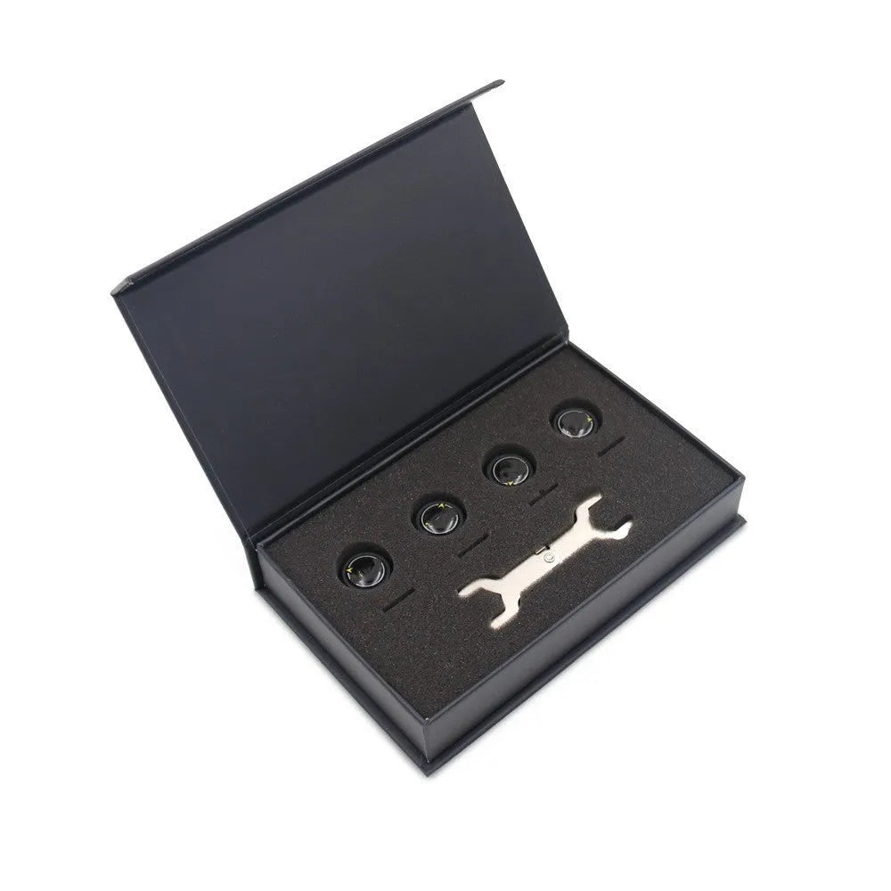 Bluetooth 5.0 automotive tire pressure monitoring system with four black external sensors and installation tools