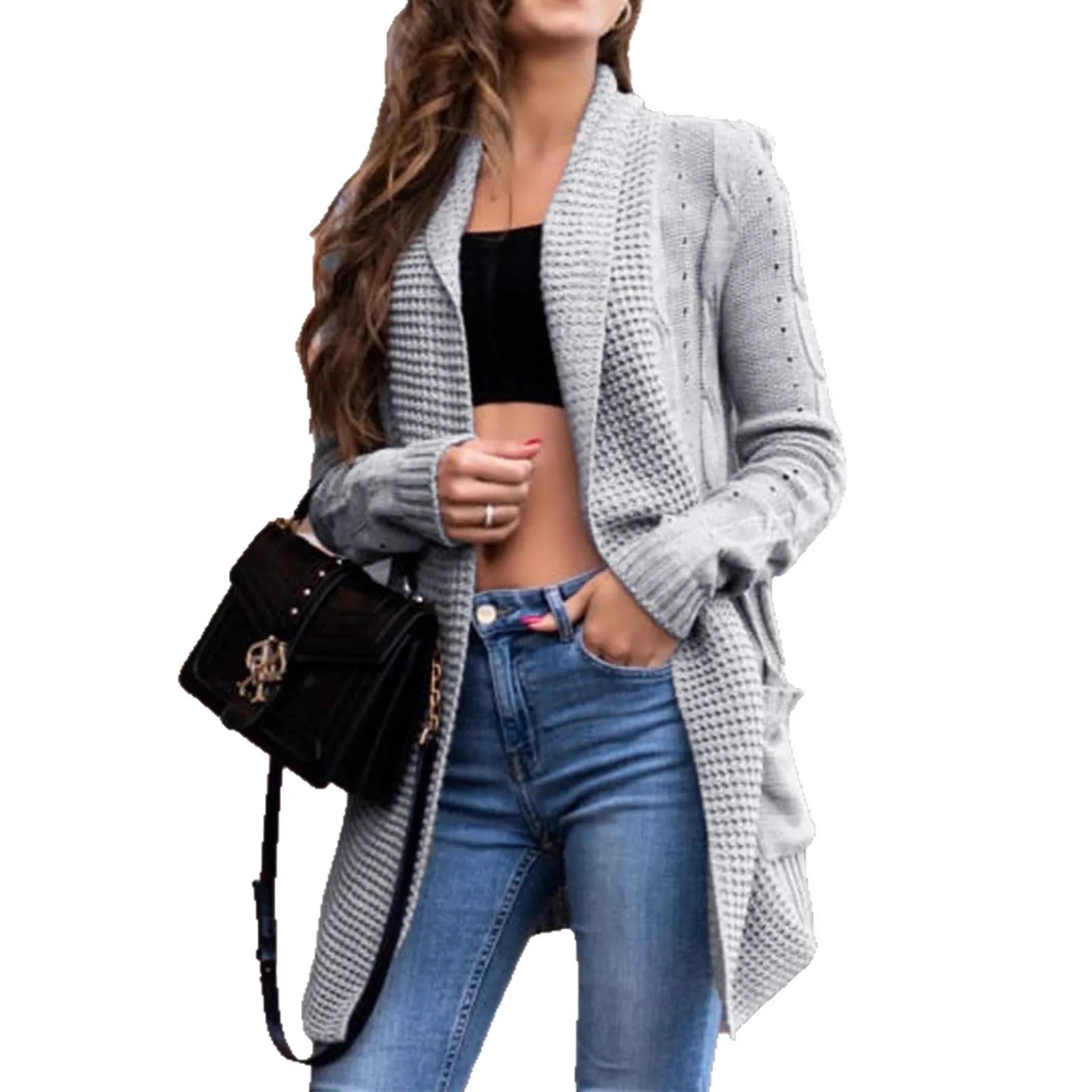 Grey women's loose-fit cardigan coat with pockets, medium length
