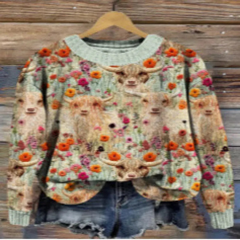 Women's lilac floral printed round neck sweater on a hanger showing the knitted texture.