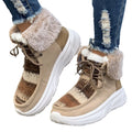Women's beige lace-up suede snow boots with thermal lining and a thick rubber sole.