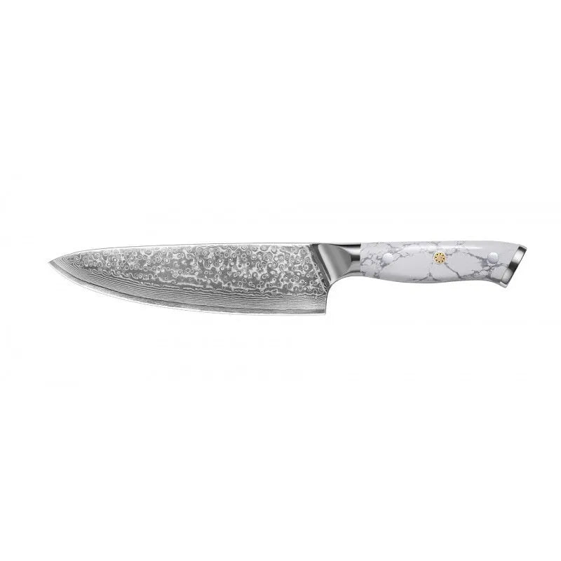 Damascus style combined chef's knife with VG10 steel blade, 21cm blade length on a wooden surface.
