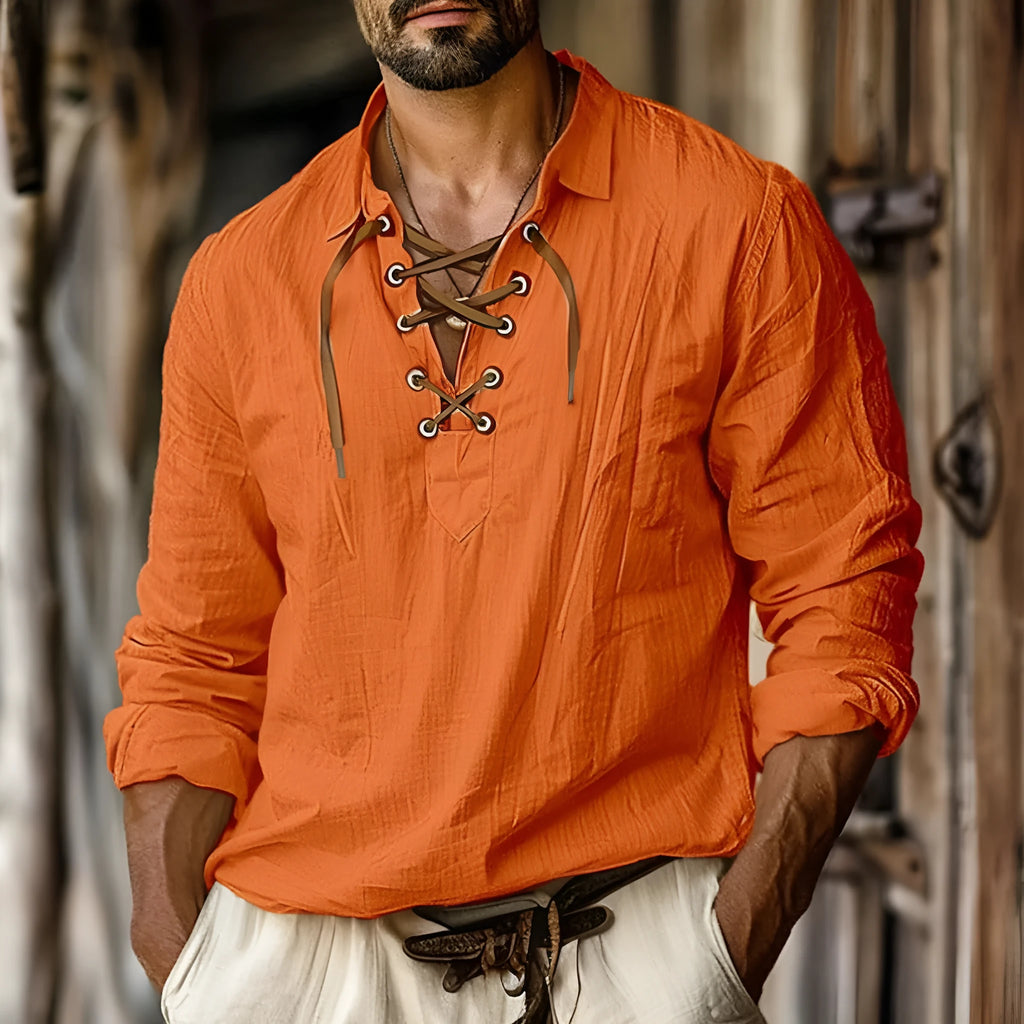 Men's plus size loose linen shirt with lapels and lace detailing on long sleeves.