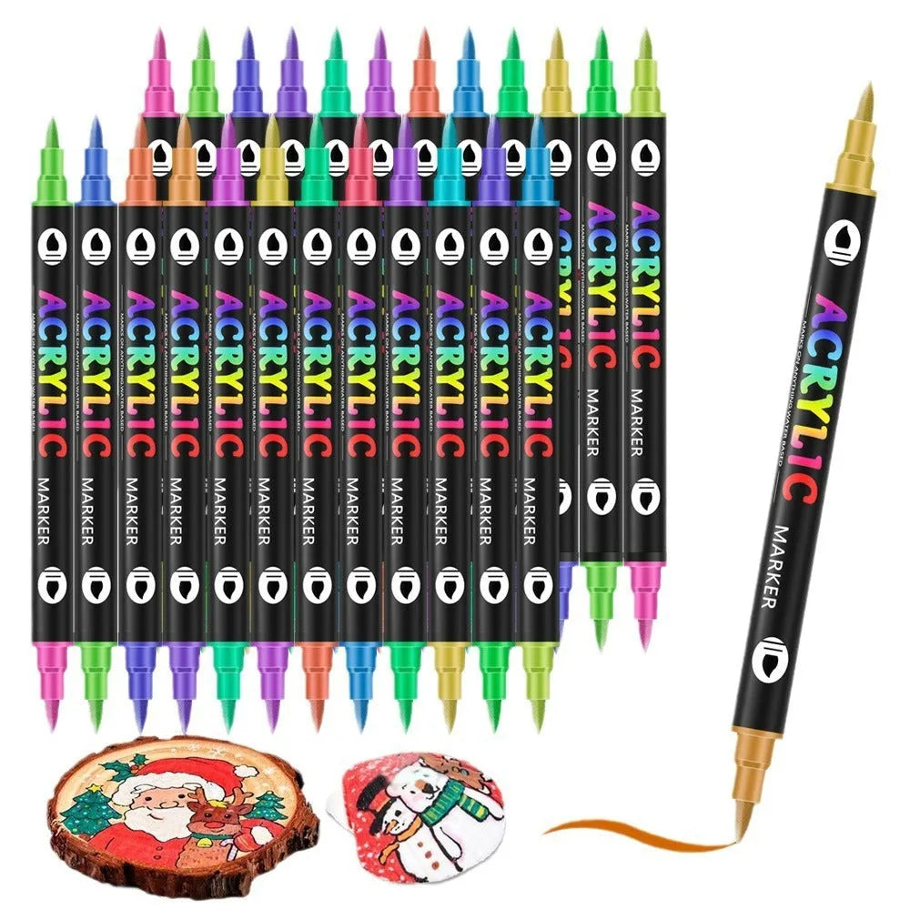 Set of double-headed washable acrylic marker pens in assorted colours, showing two tips on each pen.