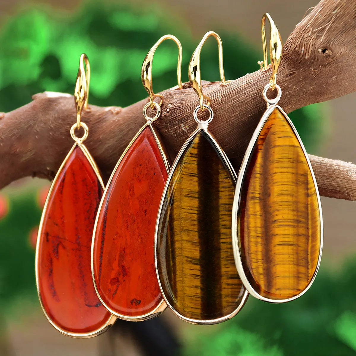 Vintage long drop earrings made of stone in Tigereye, Amethyst, Pink Crystal, Redstone, or Turquoise.