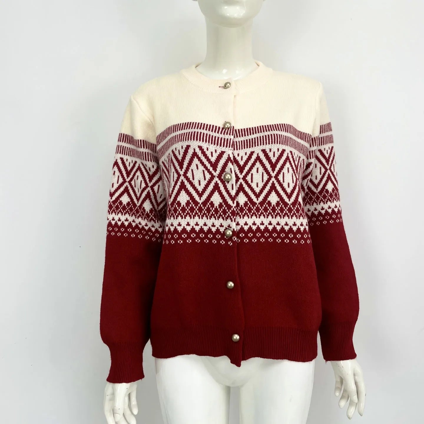 Women's grey alpaca wool cardigan with diamond knit pattern and contrast colour panels