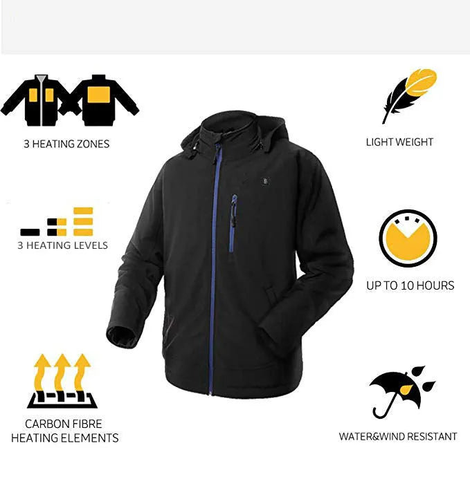 Black men's USB heated waterproof winter coat with straight hem and zipper pockets.