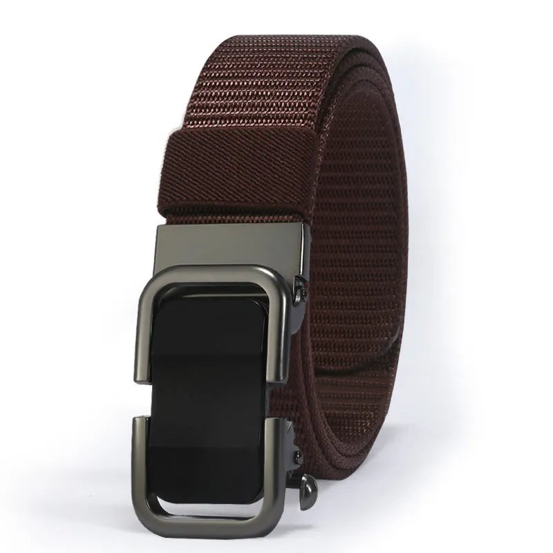 Men's nylon canvas belt in army green with an alloy buckle, laid flat showing 120cm length.