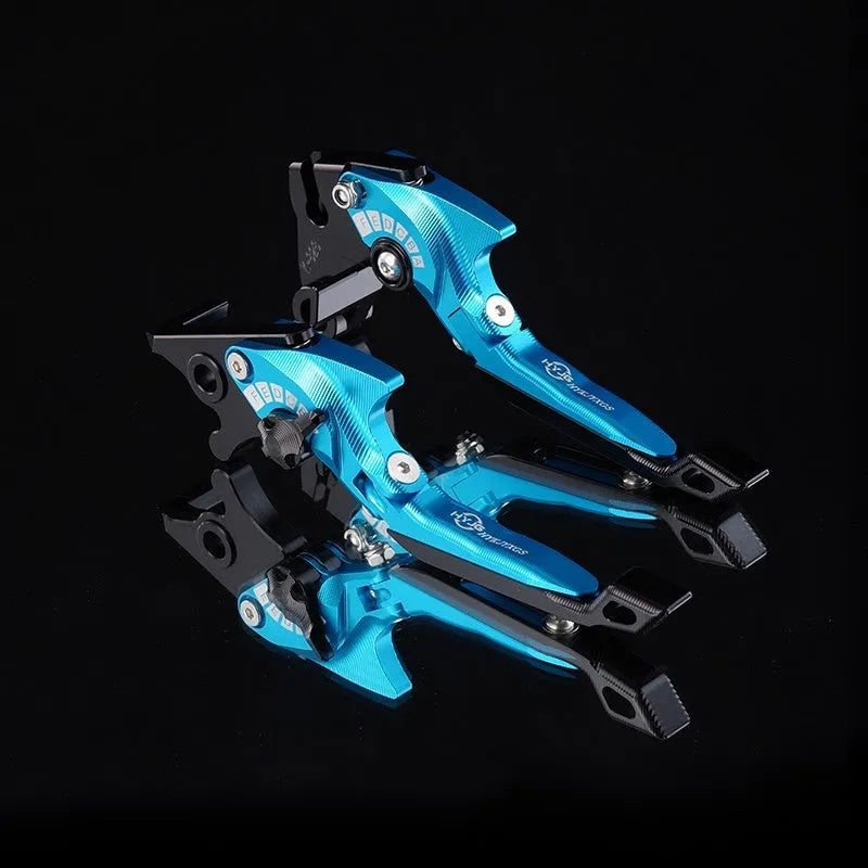 Pair of anodised metal motorcycle horn handle clutch levers with six-speed adjustable length, shown in a selection of colour finishes