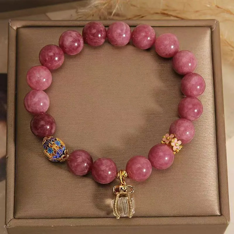 Women's natural stone bracelet with pink lotus tassel and pearl pendant design