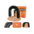 Arched plastic cat grooming toy with built-in brush bristles for scratching and rubbing.