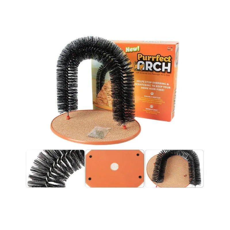 Arched plastic cat grooming toy with built-in brush bristles for scratching and rubbing.
