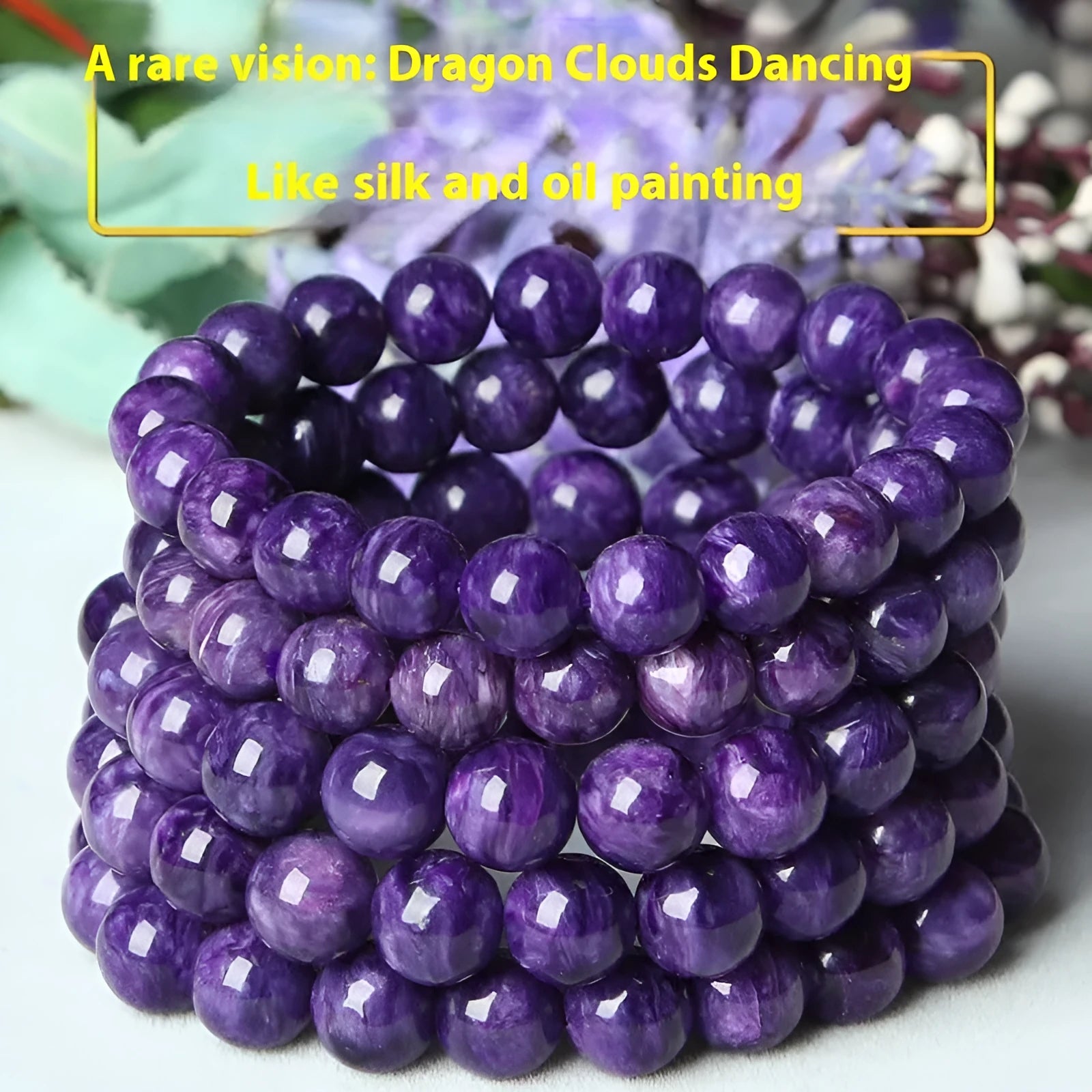 Natural transparent charoite crystal bracelet with platinum setting, showing different bead size options.