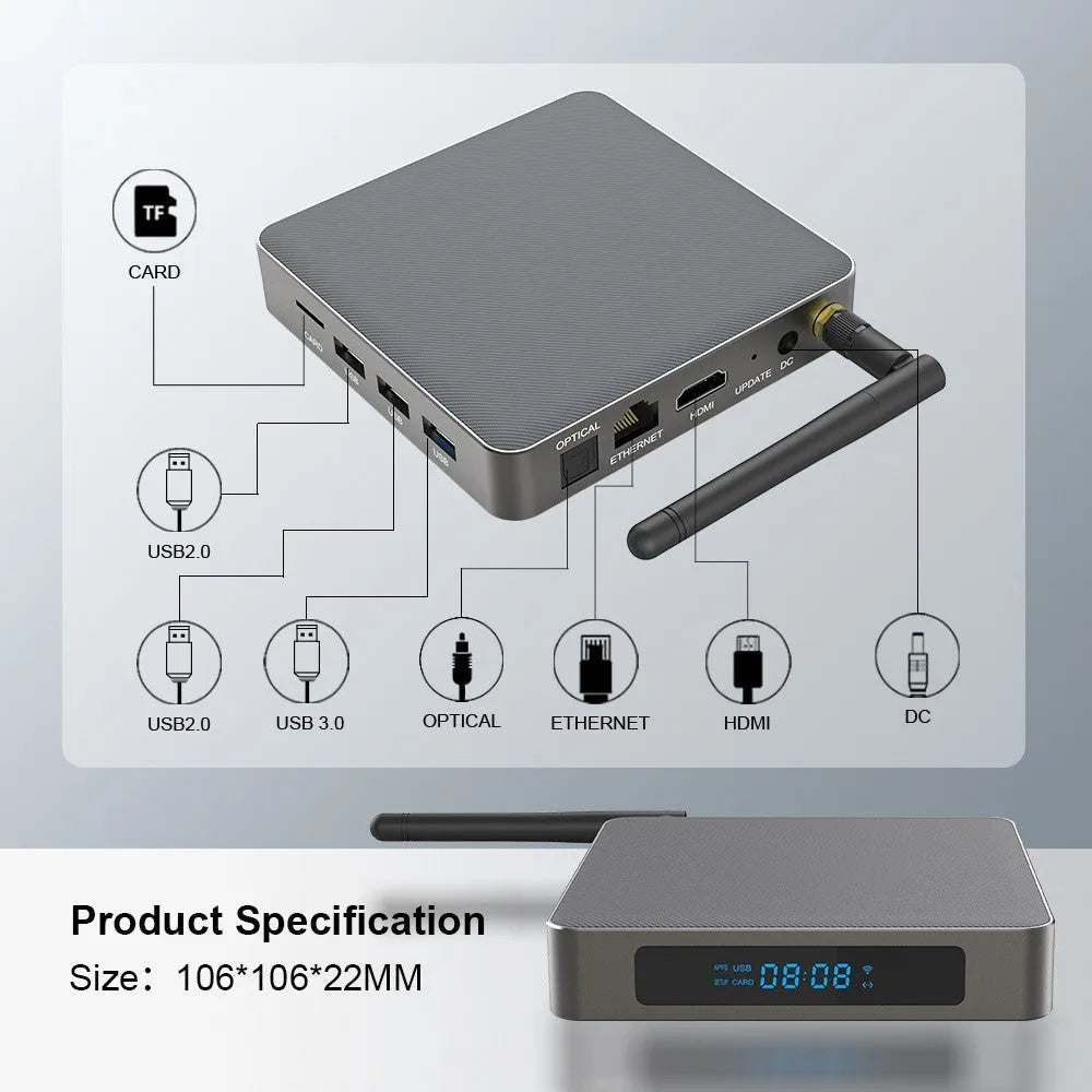 Android TV streaming box for 8K video with remote control and HDMI cable