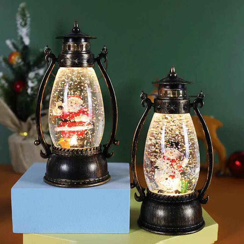 Crystal ball Christmas lamp with illuminated snowman figure inside, on a wooden table.