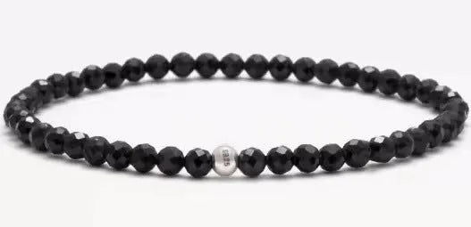 Geometric agate bracelet with mixed 4mm stones including obsidian, blue San, and black agate varieties