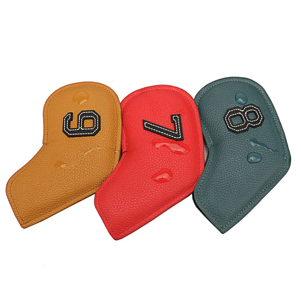 Set of 10 digitally printed PU golf club head covers in mixed colours.