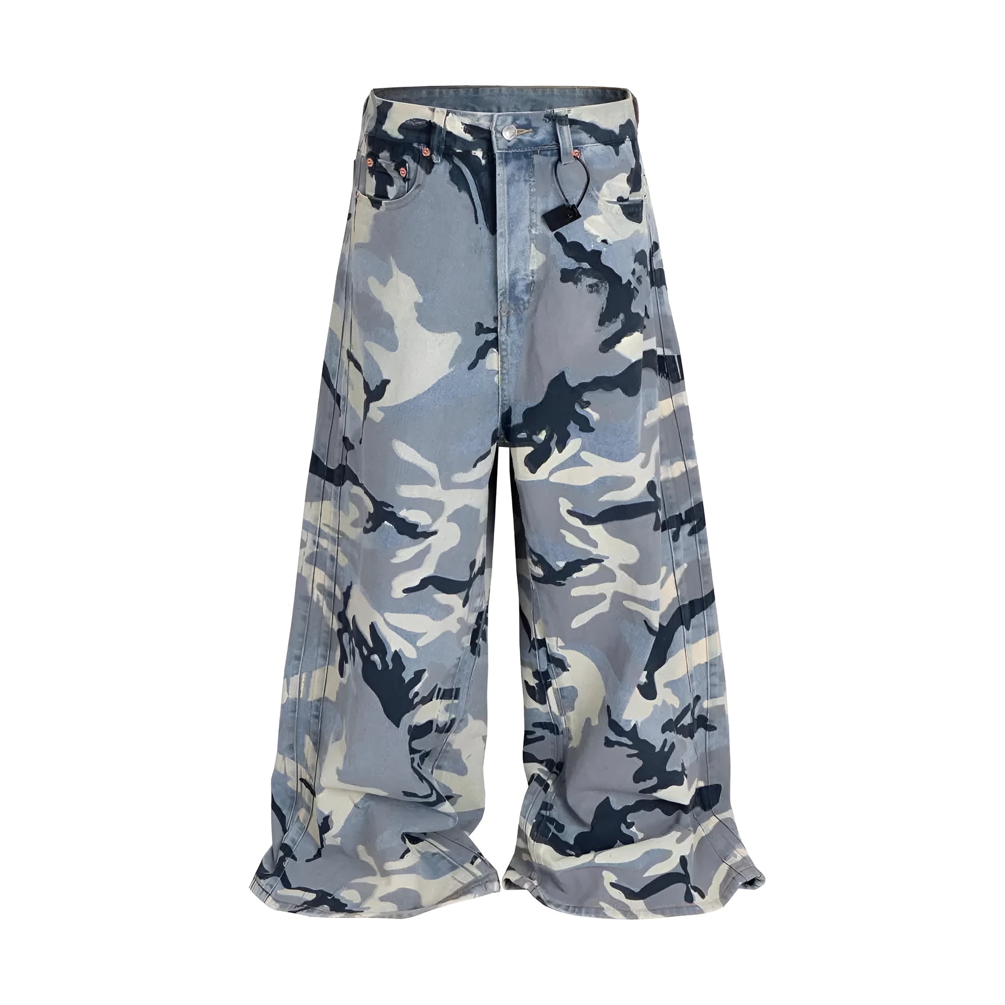 Man and woman modelling loose-fit jeans in a blue snow camouflage pattern with stretch denim fabric.