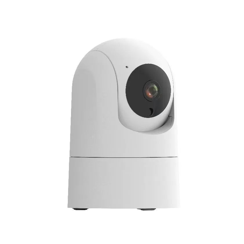 White indoor security camera with pan/tilt base on a shelf, showing wall mount screws.