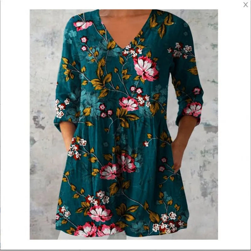 Women's printed loose wave dress with 3/4 sleeves and wide waist in polyester fabric